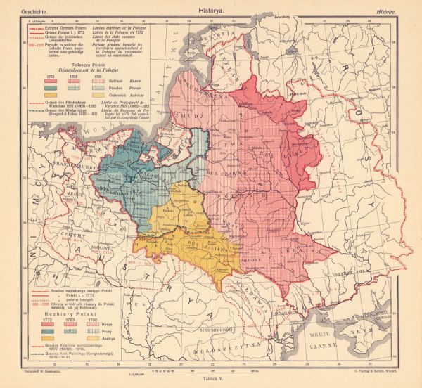 Mapa z atlasu Geograficzno-statystyczny atlas Polski, Redagowany i opracowany przez Eugeniusza Romera ze współudziałem licznych współpracowników, Warszawa i Kraków, Skład Główny u Gebethnera i Wolfa, Zakład kartograficzny Freytag i Berndt, 1916.